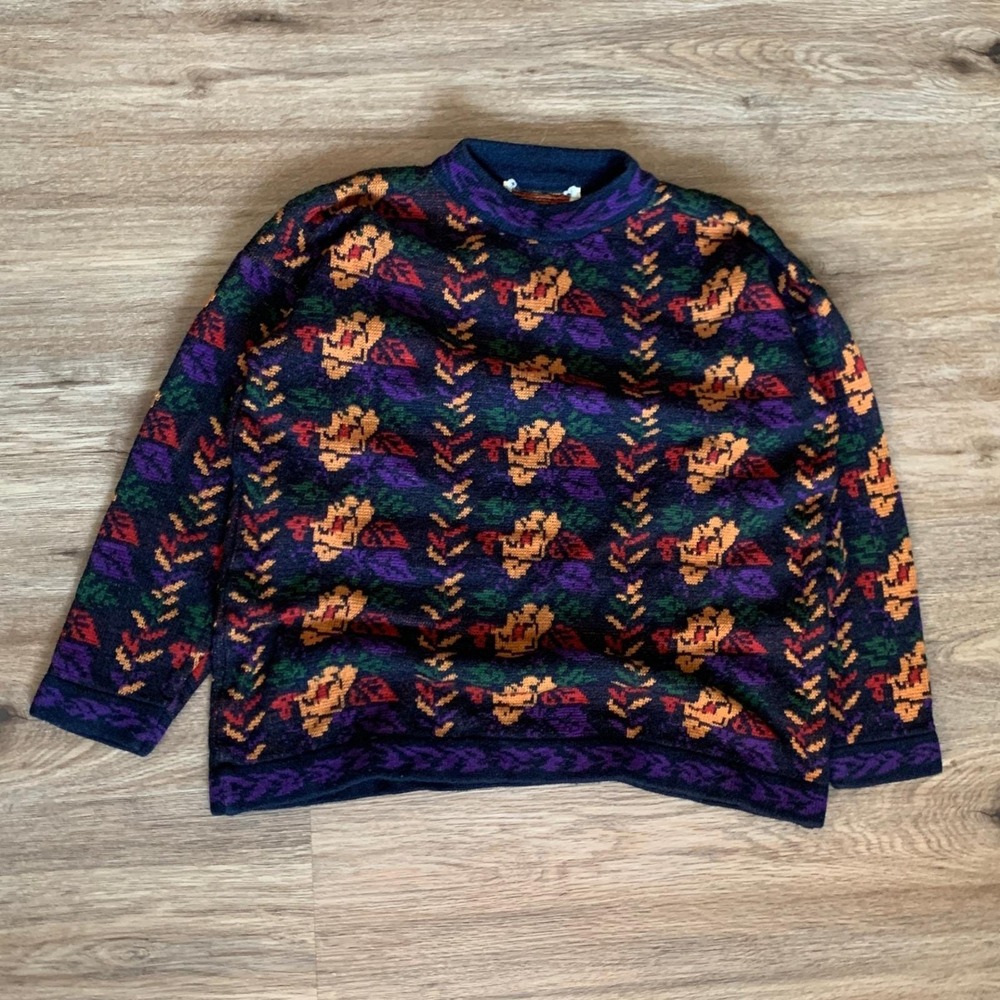 Vintage 80s Flora Pattern Pullover Sweater - Purple Yellow Red -Size Small Women